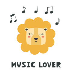 Cute lion head. Hand drawn vector character. Scandinavian cartoon style. For web, posters, invitations, postcards, greeting cards, flyers, etc.
