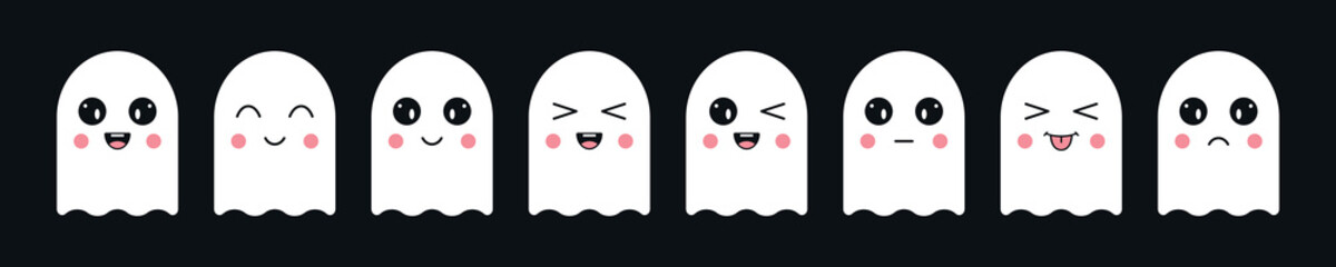 Set of cute baby ghosts with kawaii eyes. Different emotions and face expression.