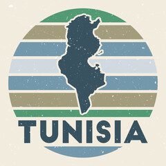 Tunisia logo. Sign with the map of country and colored stripes, vector illustration. Can be used as insignia, logotype, label, sticker or badge of the Tunisia.