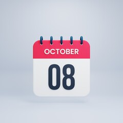 October Realistic Calendar Icon 3D Rendered October 08