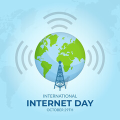 Happy International Internet Day October 29th with globe signal and tower illustration