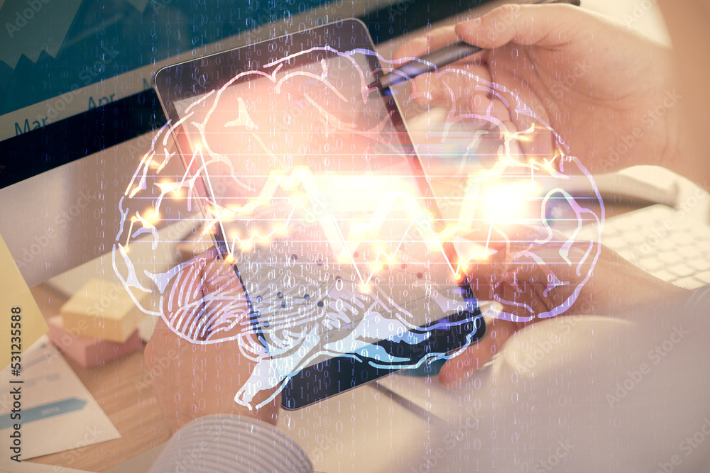 Aufkleber Double exposure of man's hand holding and using a digital device and brain hologram drawing. Data concept.