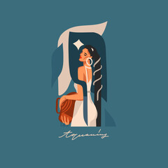 Hand drawn vector abstract graphic astrology illustration with modern,artistic contemporary template of boho zodiac sign Aquarius.Zodiac adult female character design.Fashion magic symbol concept.