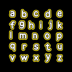 English alphabet.
Small letters. White letters of the English alphabet with a black and yellow outline. Cards for learning. Vector illustration isolated on black background