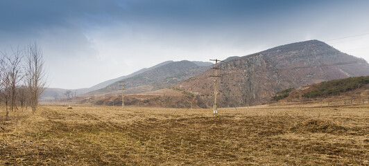 Panoramic view of poor and empty countryside, near Kaesong, Democratic Peoples's Republic of Korea (DPRK), North Korea