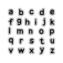 English alphabet.
Small letters. Black letters of the English alphabet with a white and gray outline. Cards for learning. Vector illustration isolated on white background