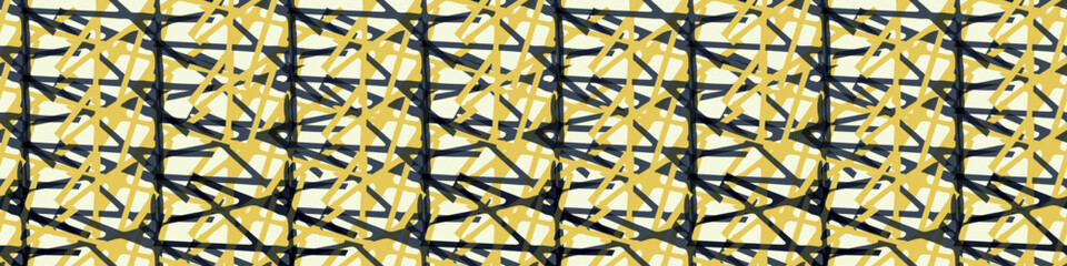 Knit weave style grid vector seamless border background. Blue yellow banner with entwined loops of woven yarn effect. Regular mesh of thread lines. Minimal neutral gray organic purl texture.