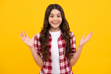 Happy teenager, positive and smiling emotions of teen girl. Cute preteen girl head shot. Child portrait on isolated background. Beautiful teenager face.