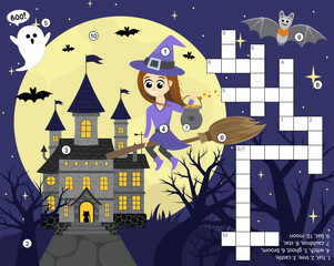 Crossword of Halloween night. Witch. Castle. Educational puzzle game for kids. Flat, cartoon, vector