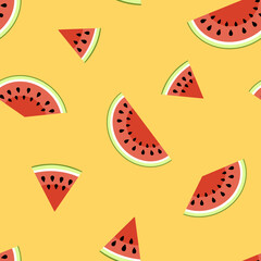 Watermelon pieces seamless pattern. Cut watermelon, piece, bit on orange. Flat, vector