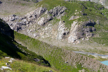 Scenic aerial view of glacier side moraine of Stone Glacier at Swiss mountain pass Susten on a...