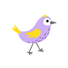 Fototapeta premium Little bird, nestling, chick. Violet bird, yellow wings. Flat, cartoon, isolated