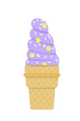 Purple ice cream. Waffle soft serve with white and yellow sprinkle. Flat, cartoon, vector