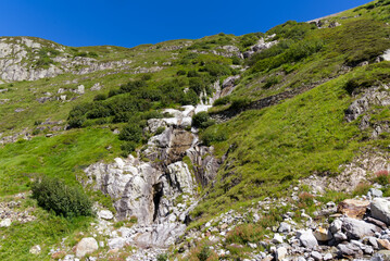 Fototapeta na wymiar Swiss mountain pass Sustenpass with meadow and mountain river on a sunny summer day. Photo taken July 13th, 2022, Susten Pass, Switzerland.