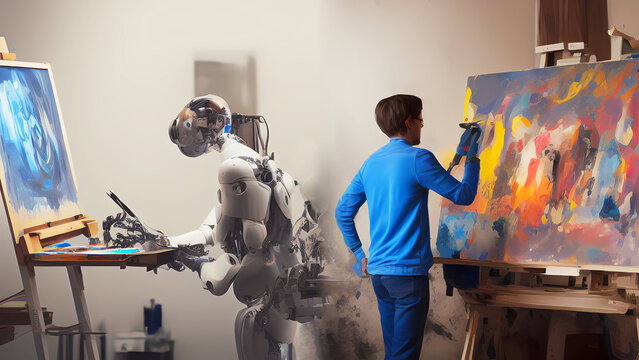 concept picture of artificial intelligence as artist representing robot and human artists  next to easel painting and working. composition of two ai generated pictures