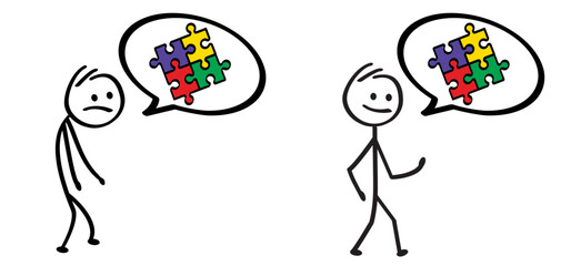 Cartoon stickman, stick figure man and and speed bubble or speech bubble. jigsaw puzzle pieces.  Autism spectrum disorder is a neurological and developmental disorder with social skills. Autism ribbon