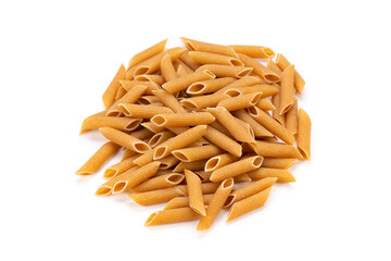 Whole Grain penne pasta from durum wheat on white background. Healthy eating concept. Penne Rigate.