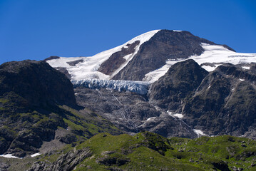 Beautiful scenic view of Stone Glacier at Swiss mountain pass Sustenpass on a sunny summer day. Photo taken July 13th, 2022, Susten Pass, Switzerland.