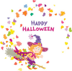 Happy little Halloween witch with a big hat and a cloak with stars flying among falling autumn leaves on her magic broom, vector cartoon greeting card