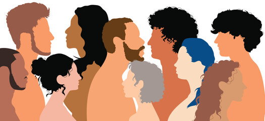 A community of colleagues or collaborators. Concept of an agreement or pact. Multicultural group figures with flat cartoons. Collaboration, co- workers, harmony and organisation.