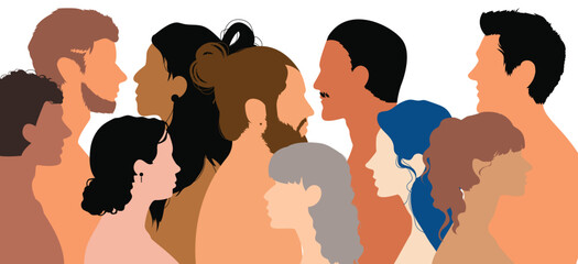 The harmony of collaboration, friendship, and teamwork between people of diverse races or cultures in a society or community. People of different cultures in a flat cartoon.