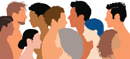 Multiracial people in a multicultural society. Abstract cartoon head face of a diverse group of people in profile. Friendship between diverse people of different ethnicities.