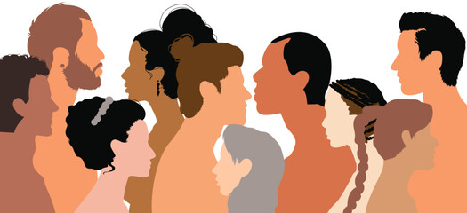 Universalism, multiculturalism, racial equality and anti-racism. Group cartoon profile of people from diverse cultures. Friendship among ethnic groups.