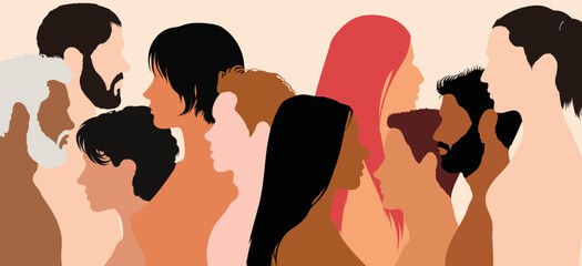 People of diverse ethnicities living together in a multicultural community. Flat cartoon men and women from different cultures and countries. Crowd of people.