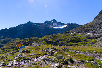 Beautiful scenic view of mountain panorama with Tschingelfirn Glacier at Swiss mountain pass Sustenpass on a sunny summer day. Photo taken July 13th, 2022, Susten Pass, Switzerland.