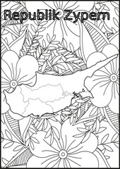 Schwarze und weiße Blume mit der Landkarte Republik Zypern  in der Mitte. Muster für Erwachsene Färbung Buch. Doodle floral Zeichnung. Kunsttherapie Färbung Seite