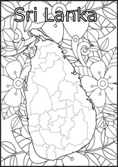 Schwarze und weiße Blume mit der Landkarte Sri Lanka in der Mitte. Muster für Erwachsene Färbung Buch. Doodle floral Zeichnung. Kunsttherapie Färbung Seite