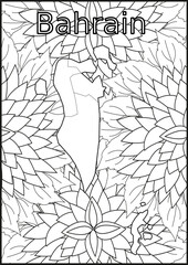 Schwarze und weiße Blume mit der Landkarte Bahrain in der Mitte. Muster für Erwachsene Färbung Buch. Doodle floral Zeichnung. Kunsttherapie Färbung Seite
