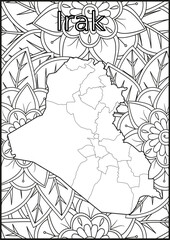 Obraz premium Schwarze und weiße Blume mit der Landkarte Irak in der Mitte. Muster für Erwachsene Färbung Buch. Doodle floral Zeichnung. Kunsttherapie Färbung Seite