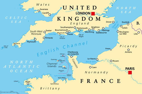 English Channel political map. Also British Channel. Arm of Atlantic Ocean separates Southern England from northern France and link to North Sea by Strait of Dover. Busiest shipping area in the world.