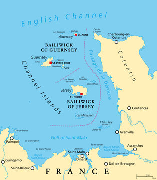 Channel Islands, political map. The Crown Dependencies Bailiwick of Guernsey and Bailiwick of Jersey, an archipelago in the English Channel, off the coast of France. Remnants of the Duchy of Normandy.