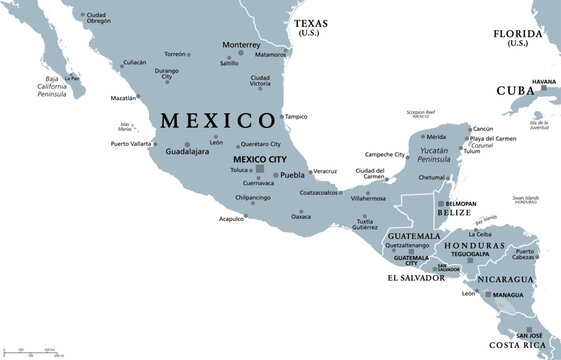 Mesoamerica, gray political map. Historical region and cultural area in southern North America and Central America, from Mexico to Costa Rica. Within this region pre Columbian societies flourished.