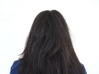 Asian young woman, hair splitting ends, messy unbrushed dry hair and frizzy, Hair care concept. Closeup photo, blurred.