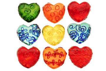 Backlit glass hearts in many colors  isolated on transparency photo png file 