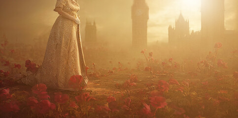 The queen of the United Kingdom with roses in the garden of Westminster palace at sunset. 3D illustration and digital painting.