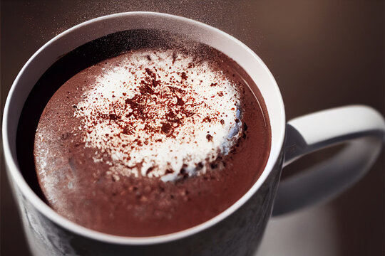 Close-up cup with hot chocolate and milk foam. 3d illustration