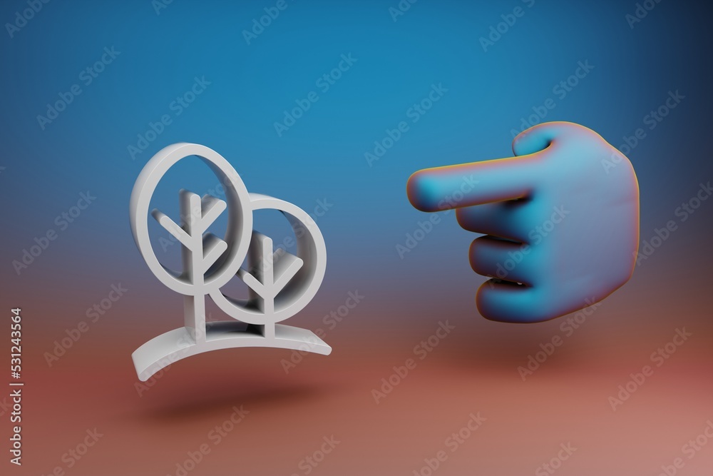 Aufkleber Beautiful illustrations abstract Hand index finger points to Forest symbol icon on a multicolor bright background. 3d rendering illustration. Background pattern for design.