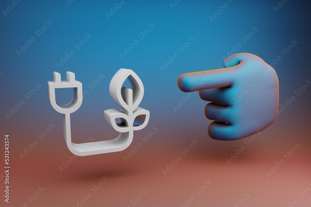 Leinwandbilder Beautiful illustrations abstract Hand index finger points to clean energy symbol icon on a multicolor bright background. 3d rendering illustration. Background pattern for design.