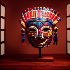 Peruvian Mayan Mask on stand in studio. Multi color. Ancient art. Studio Backdrop. Filmic lighting. Front light. Top light. Wooden floor. Directional lighting.