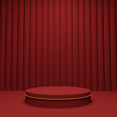 Realistic 3D stand dark red podium with gold line on dark red background. abstract with geometric form. Luxury minimal scene for mockup products showcase.
