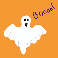 A cheerful cartoon ghost talking boo on orange background for halloween. Flat vector illustration. 
