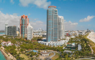 Panoramic aerial view of Miami Beach and South Pointe Park at dusk
