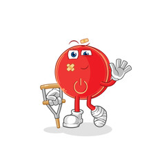 power button sick with limping stick. cartoon mascot vector