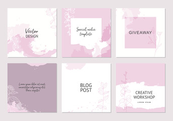 Pink banners for social media post. Luxury elegant background with minimal floral elements and texture. Vector  for beauty, fashion, cosmetics, jewelry, makeup, invitation and cover, poster, web ads