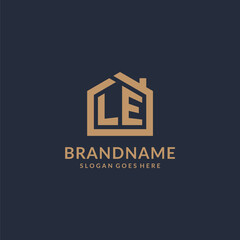 Initial letter LE logo with simple minimalist home shape icon design - obrazy, fototapety, plakaty