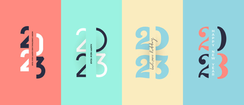 Set Of Modern Minimalist 2023 Design. Happy New Year 2023 Background Collection For Your Christmas Decoration. Cover Of Business Diary With Wishes. Brochure Design Template, Card, Banner.